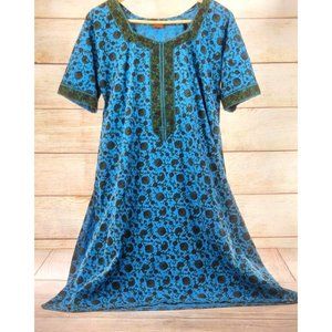Women Ethnic Wear Top Indian Style Short Sleeve Tunic Kurta Floral Print Blue L